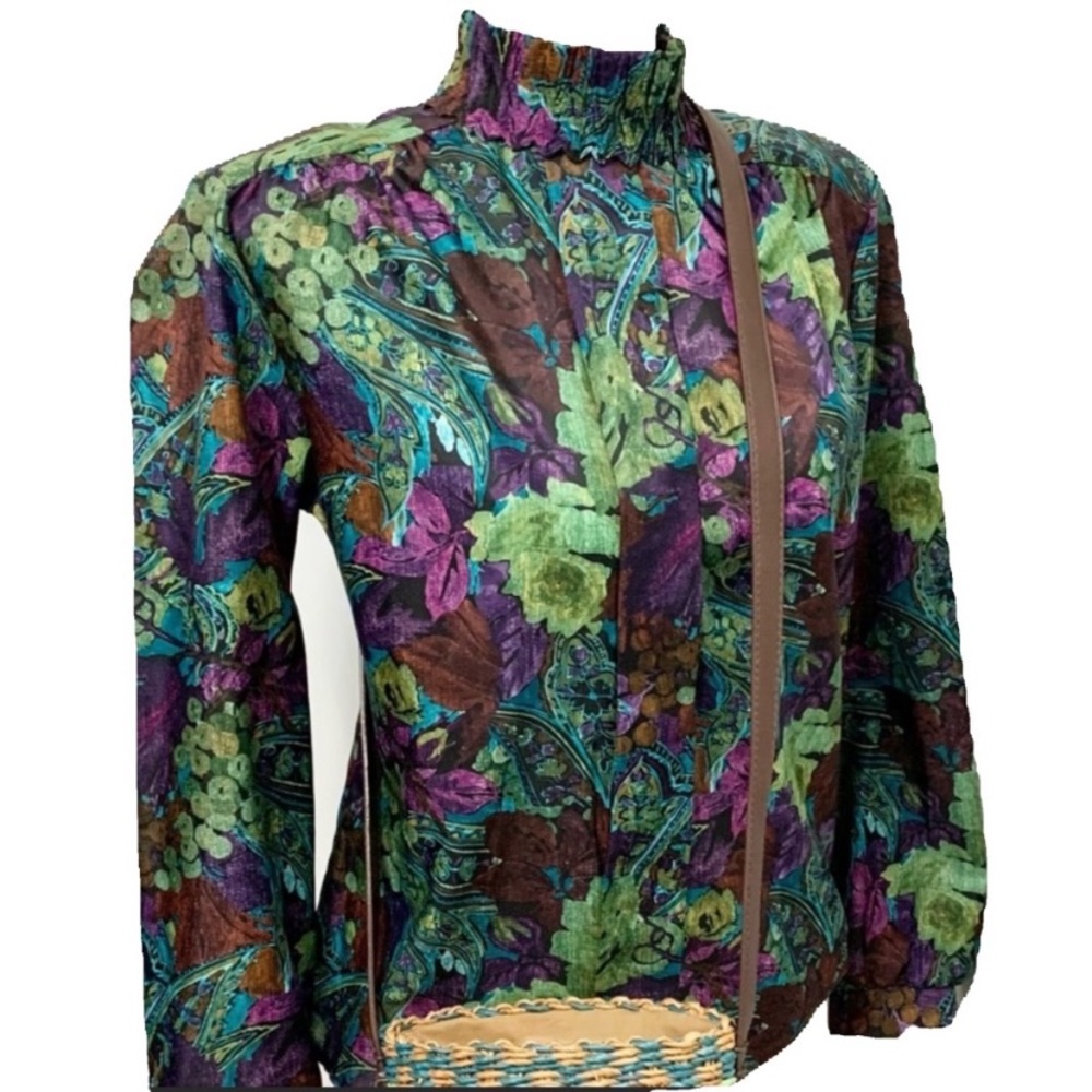 Vintage Floral Grapes Balloon Sleeve Victorian Collar Blouse 10